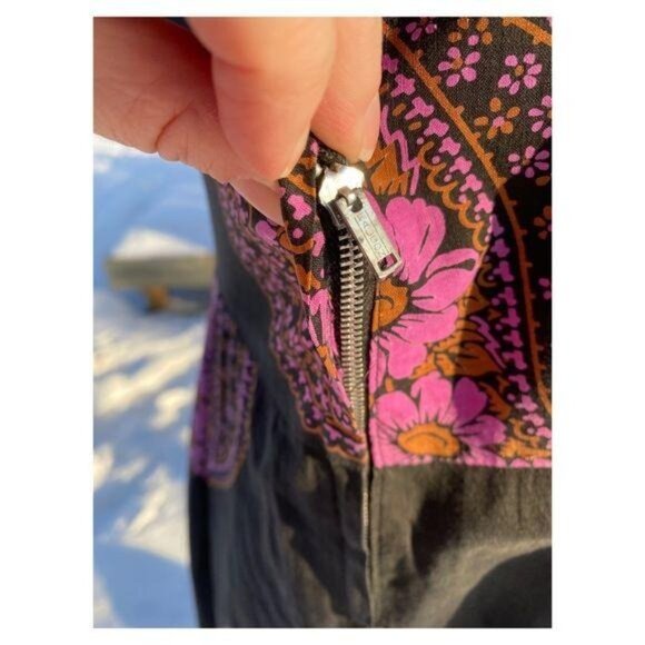 60s Cotton Day Dress Midi Groovy Floral Paisley Print Black Pink Yolk Waist - Picture 11 of 16